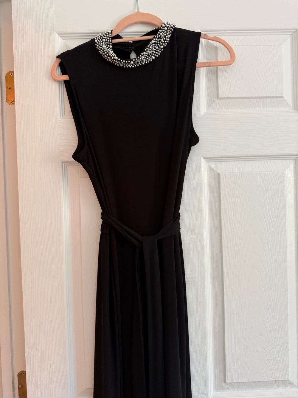 Neiman Marcus Black Sleeveless jumpsuit with Beaded Collar and slit in pant legs